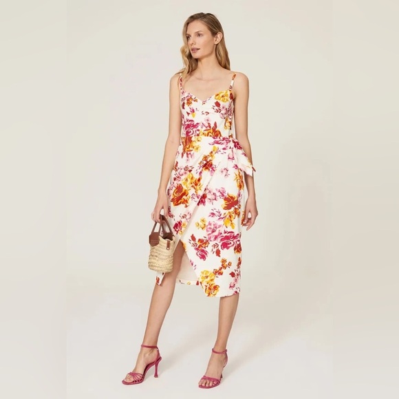 Great Jones Dresses & Skirts - Great Jones White Floral Midi Dress faux wrap size 12 cotton adjustable strap